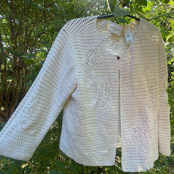 XL Liz Claiborne LizSport Ivory Cropped/ Mini Knit Paisley Cardigan - Picture 1 of 6